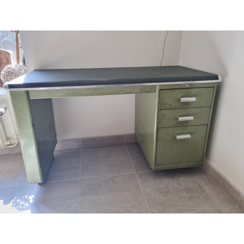 Straford vintage industrial desk in olive green metal and skai