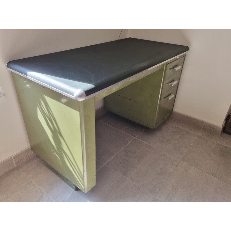Vintage-Industrie-Schreibtisch Straford aus olivgrünem Metall und Skai