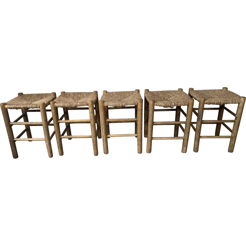 Set of 5 vintage wood and straw stools, 1950