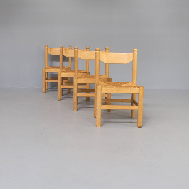 Ensemble de 4 chaises vintage en placage de bois de chêne et siège en osier par Vico Magistretti, 1970