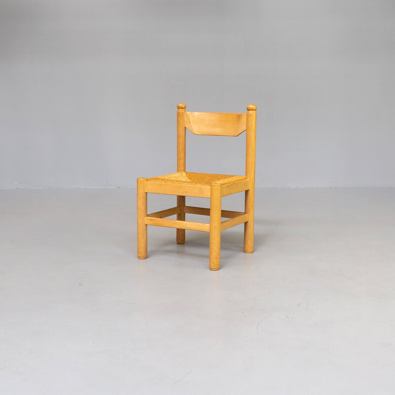 Satz von 4 Vintage-Stühlen in Eichenholzfurnier und Korbsitz von Vico Magistretti, 1970
