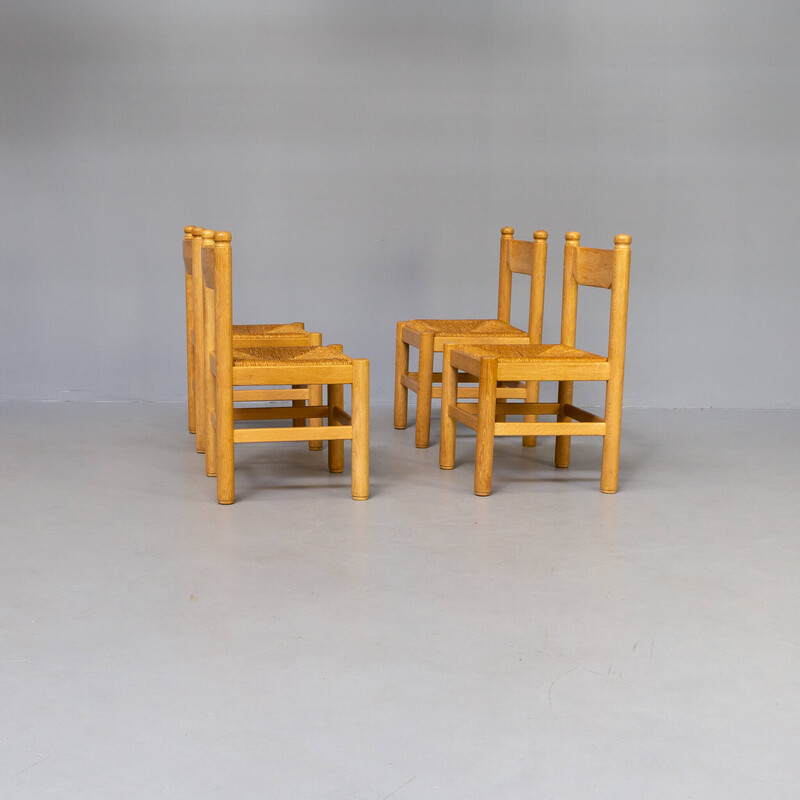 Set of 4 vintage oakwood veneer and wicker seat dining chairs by Vico Magistretti, 1970s