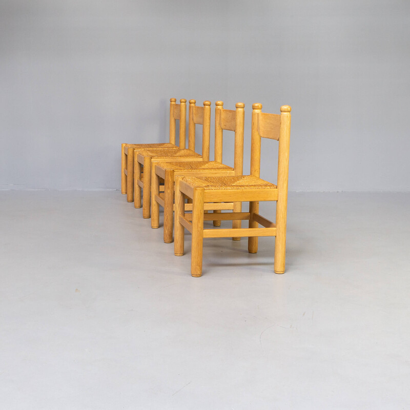 Ensemble de 4 chaises vintage en placage de bois de chêne et siège en osier par Vico Magistretti, 1970