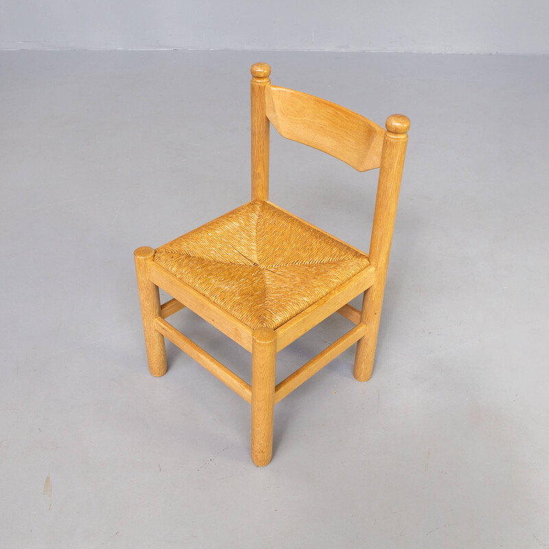 Set of 4 vintage oakwood veneer and wicker seat dining chairs by Vico Magistretti, 1970s
