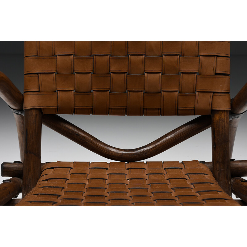 Cadeira de braços rústica vintage em couro tecido e bambu, 1950