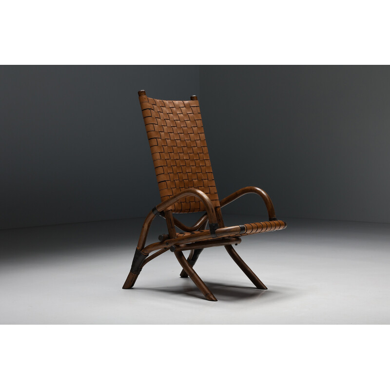 Rustic vintage armchair in woven leather and bamboo, 1950