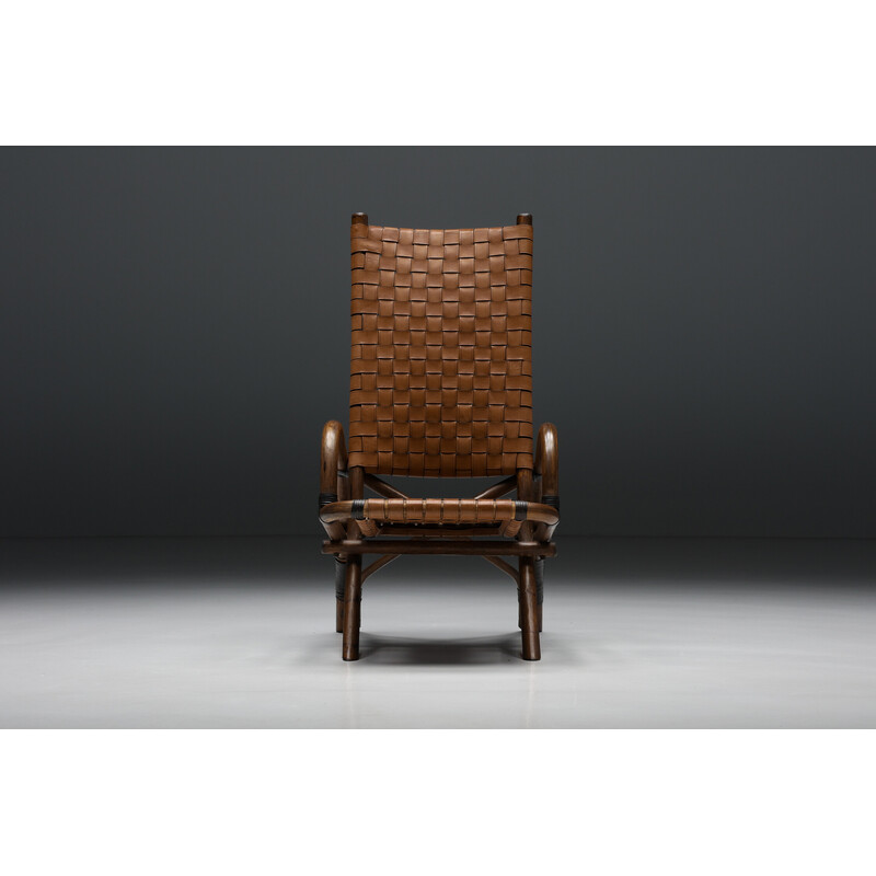 Rustic vintage armchair in woven leather and bamboo, 1950