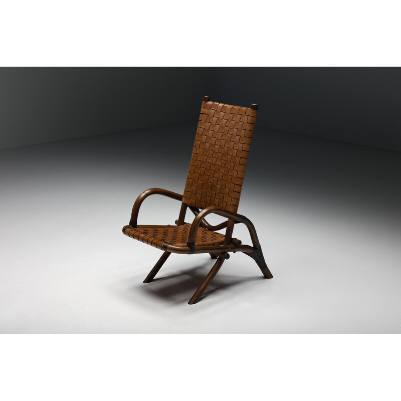 Rustic vintage armchair in woven leather and bamboo, 1950