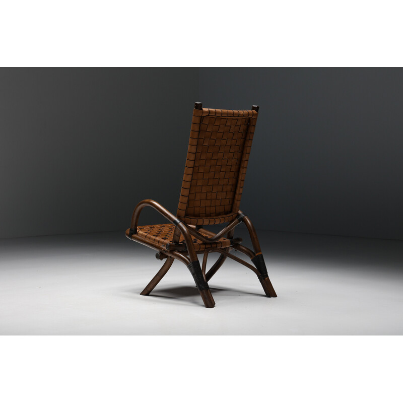 Rustic vintage armchair in woven leather and bamboo, 1950