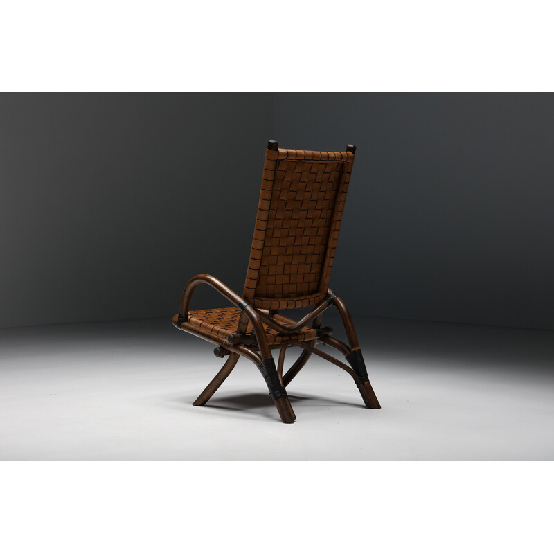 Rustieke vintage fauteuil van geweven leer en bamboe, 1950