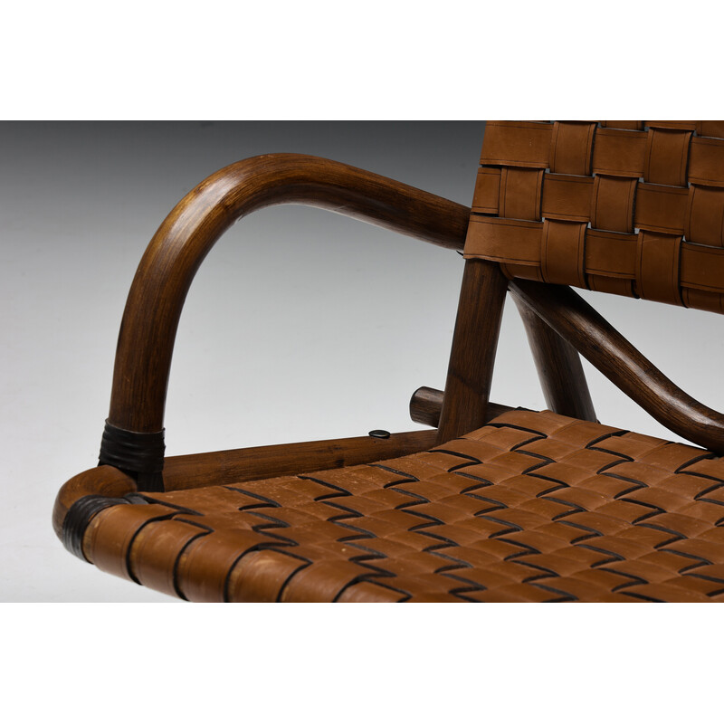 Cadeira de braços rústica vintage em couro tecido e bambu, 1950