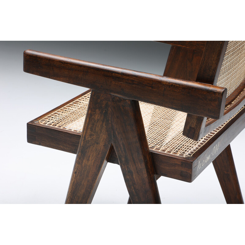 Cadeirão de escritório de cana Vintage por Pierre Jeanneret, 1955