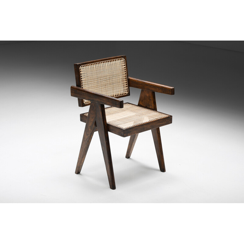 Cadeirão de escritório de cana Vintage por Pierre Jeanneret, 1955