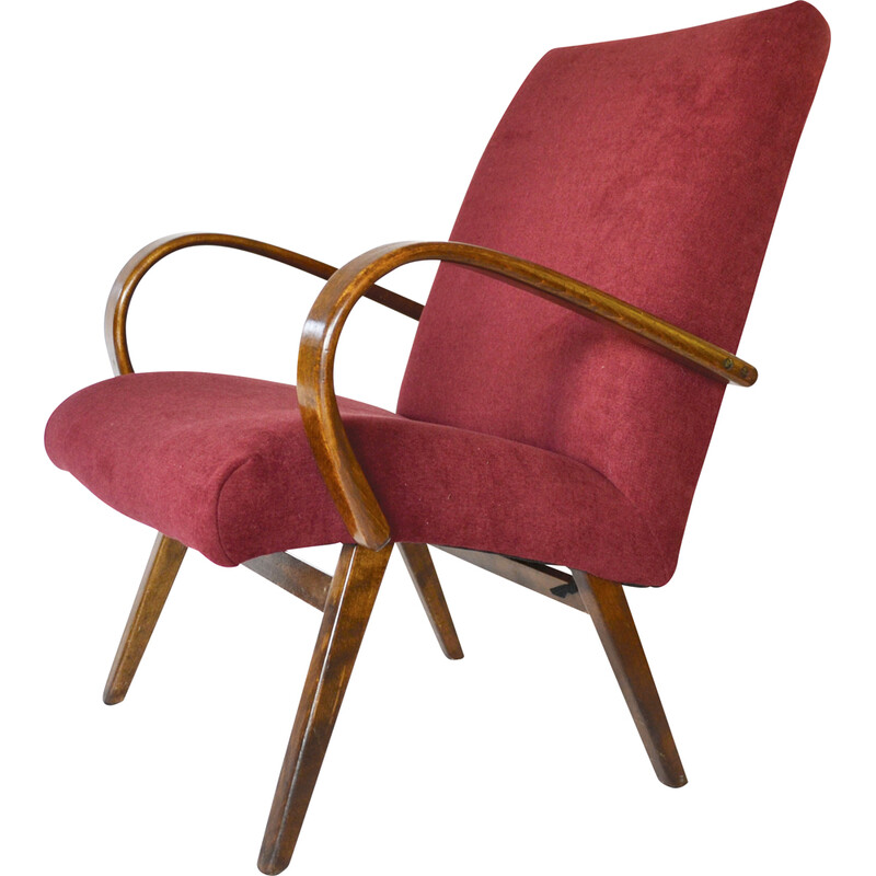 Vintage Burgundy red model 53 armchair by Jaroslav Smidek for Ton, 1960s