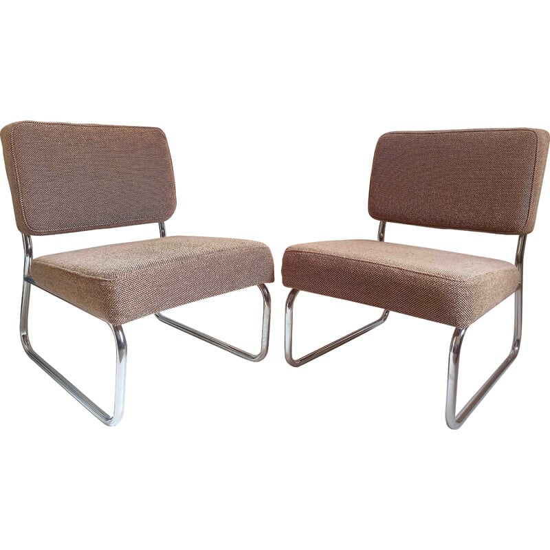 Paar vintage gevlekte bruine wollen fauteuils, 1950-1960