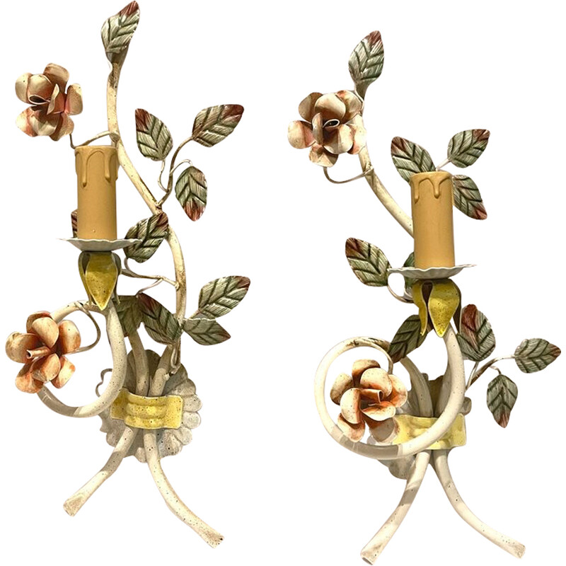Paire d'appliques fleuries vintage italiennes en tole