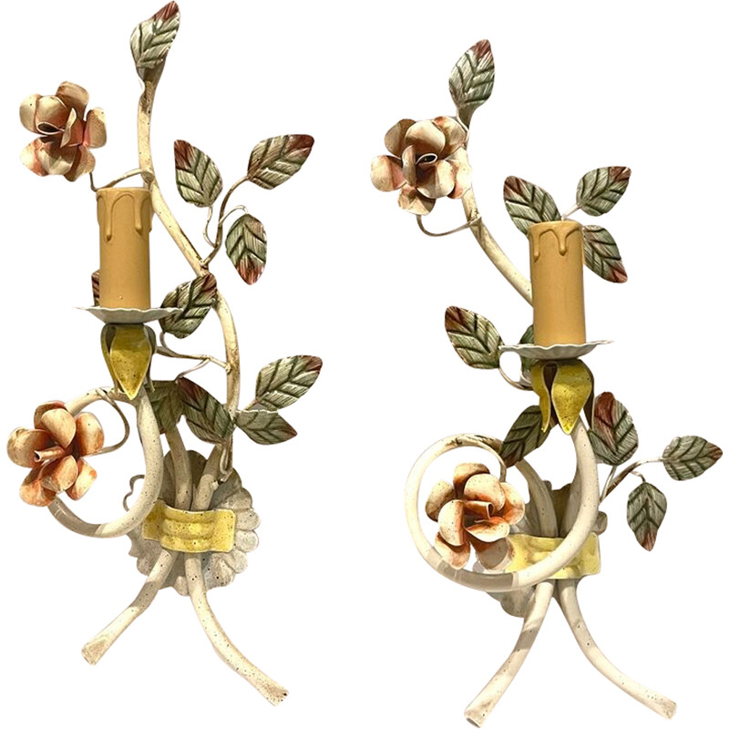 Pair of vintage Italian tole flower wall lamps