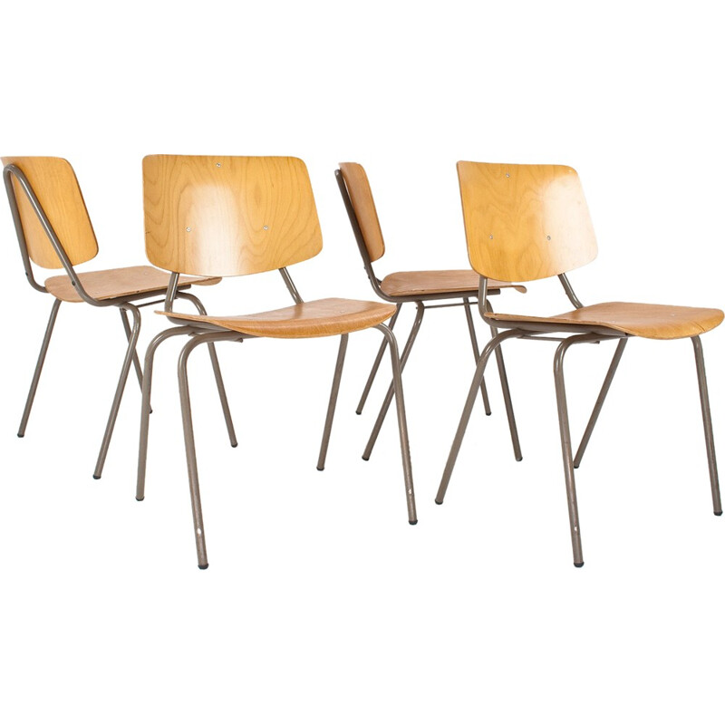 Suite de 4 chaises d'école industrielles "modèle 305" Car Katwijk, Kho LIANG LE - 1950