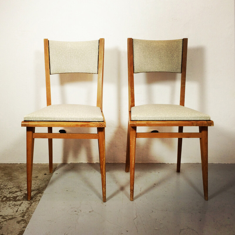 Pair of two grey vinyl and wood dinning chairs - 1960s