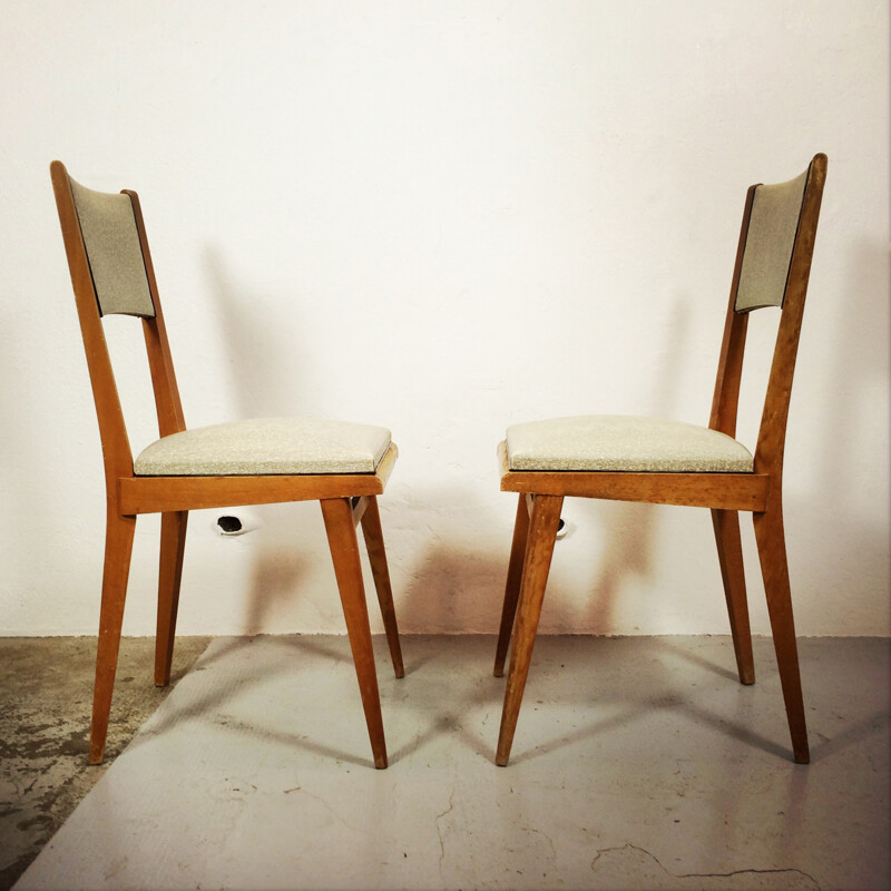 Pair of two grey vinyl and wood dinning chairs - 1960s