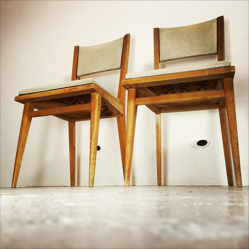 Pair of two grey vinyl and wood dinning chairs - 1960s