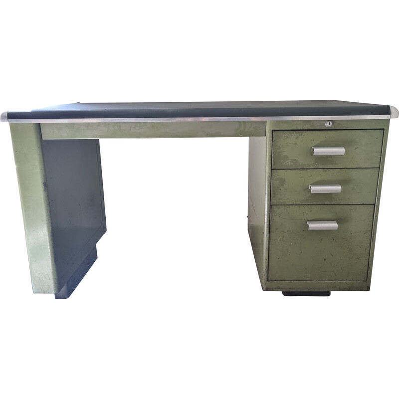 Straford vintage industrial desk in olive green metal and skai