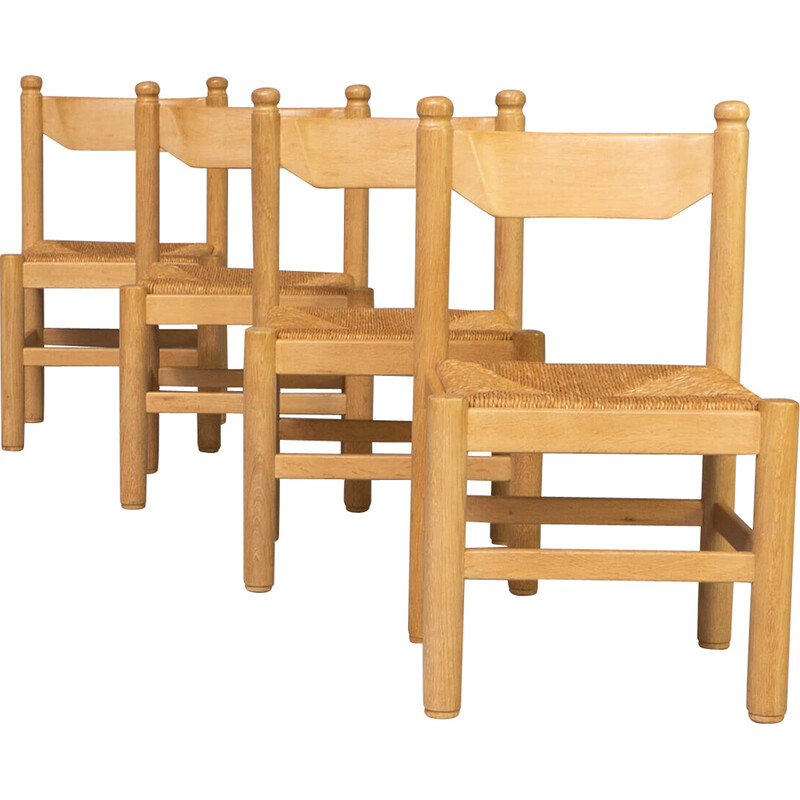 Set van 4 vintage eiken fineer en rieten stoelen van Vico Magistretti, 1970