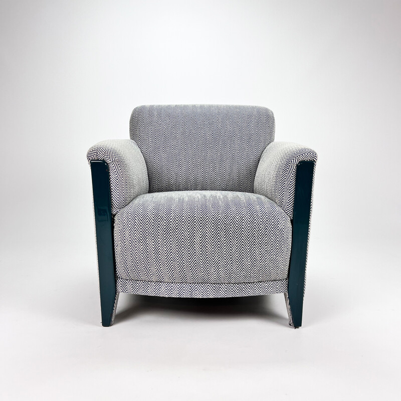 Vintage postmodern armchair in blue and white striped wool fabric, 1980s