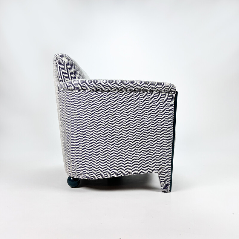 Vintage postmodern armchair in blue and white striped wool fabric, 1980s