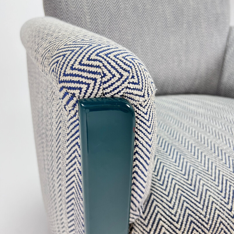 Fauteuil vintage postmoderne en tissu de laine rayé bleu et blanc, 1980