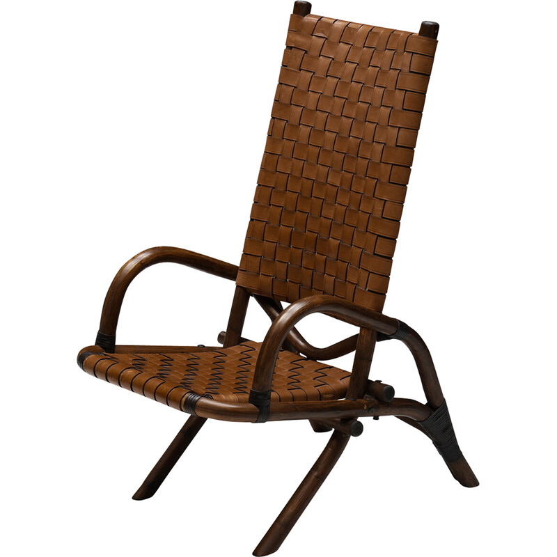 Rustic vintage armchair in woven leather and bamboo, 1950