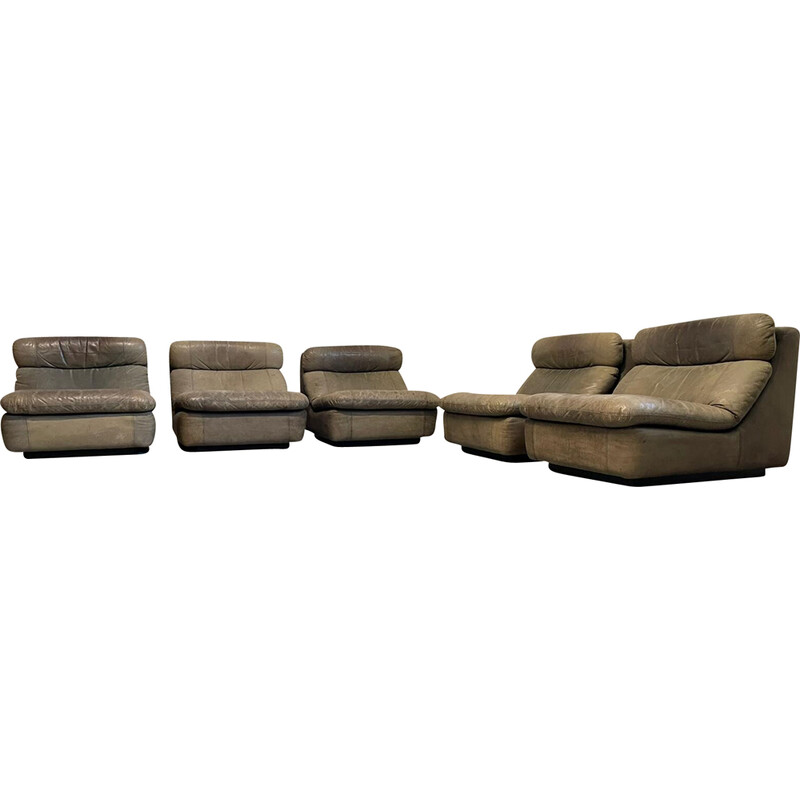 Vintage living room set in leather and wood by Walter Knoll, Germany 1970s