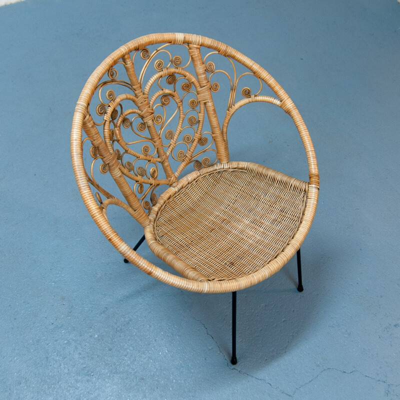 Large vintage armchair in rattan & metal - 1960s