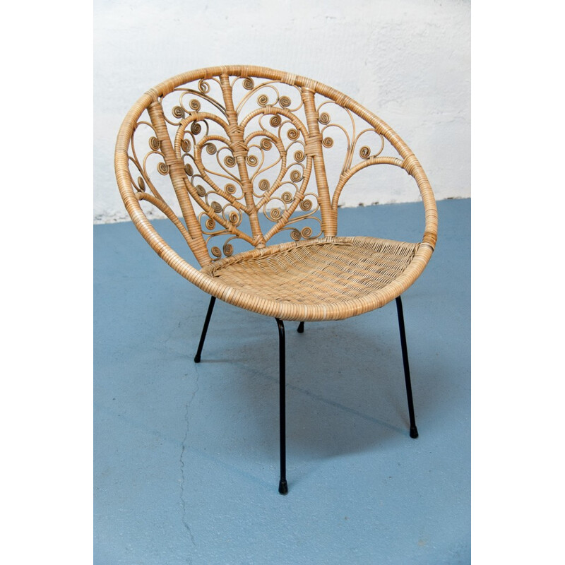 Large vintage armchair in rattan & metal - 1960s