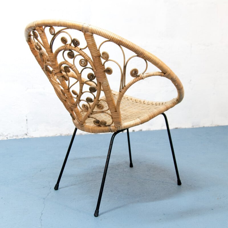 Large vintage armchair in rattan & metal - 1960s