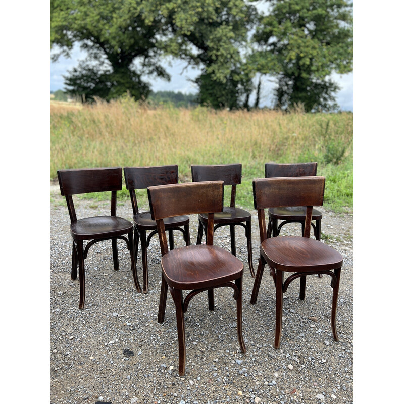 Set of 6 vintage Baumann chairs in dark wood, 1950