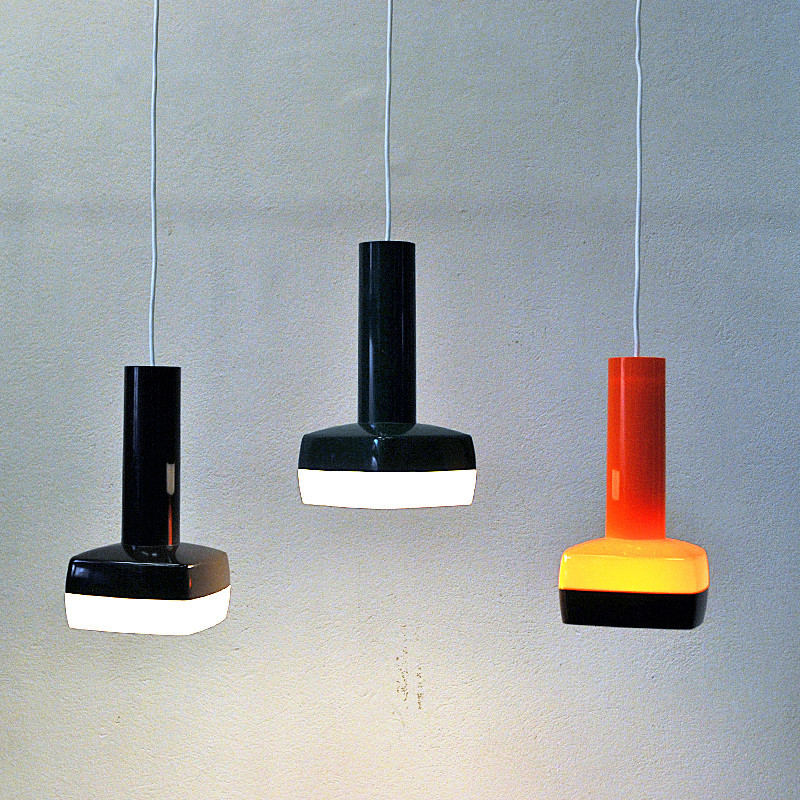 Set of 3 Danish vintage Cubist pendant lamps by Bent Karlby for A. Schrøder Kemi, 1970s