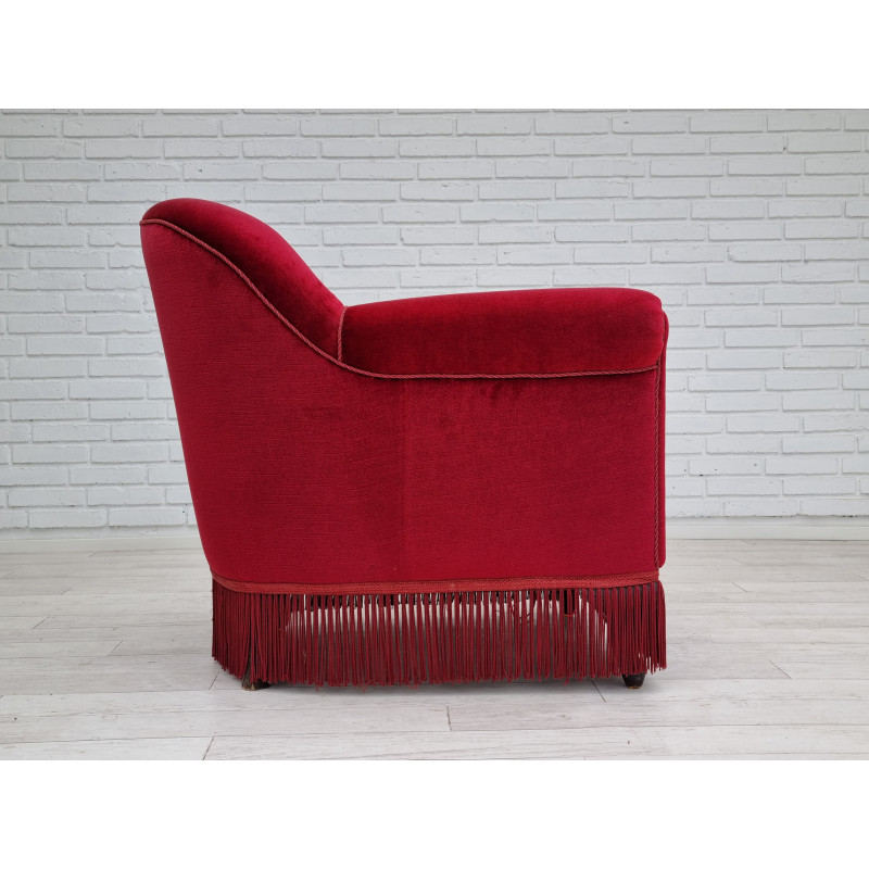 Vintage Deense kersenrode fluwelen fauteuil, 1950