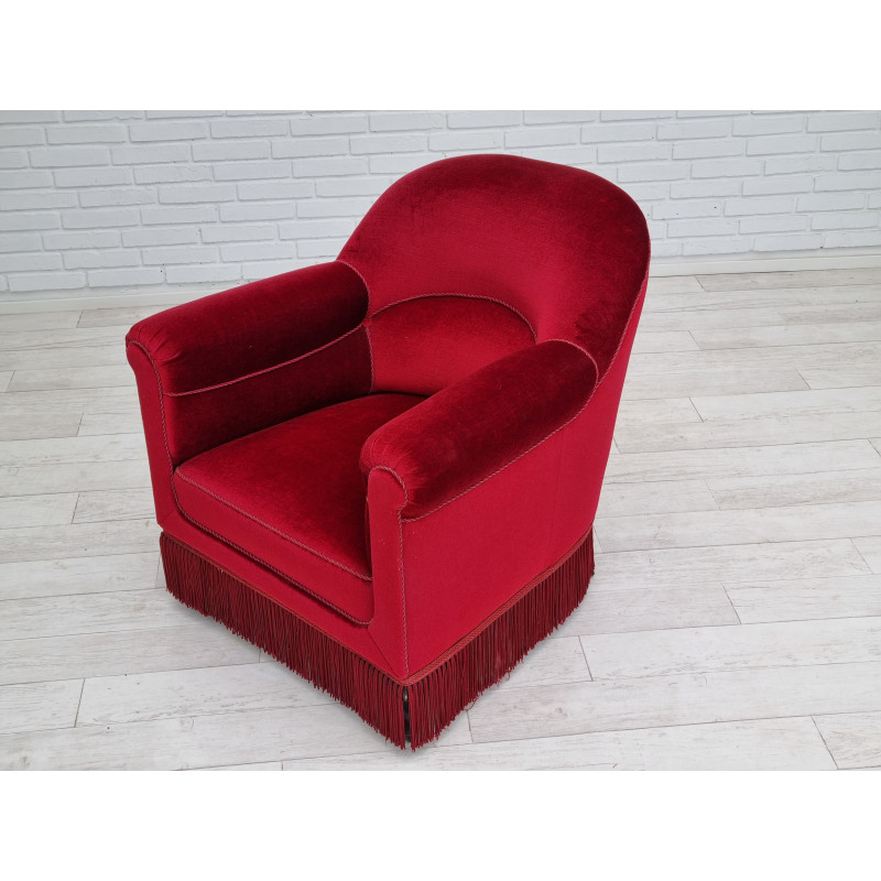 Mid century danish armchair in cherry-red velvet, 1950s
