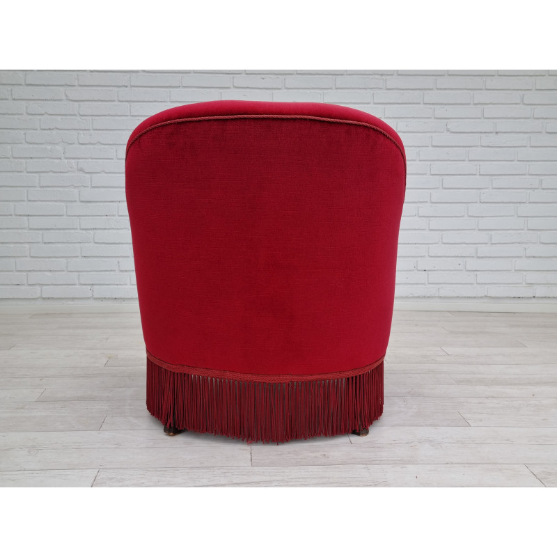 Vintage Deense kersenrode fluwelen fauteuil, 1950