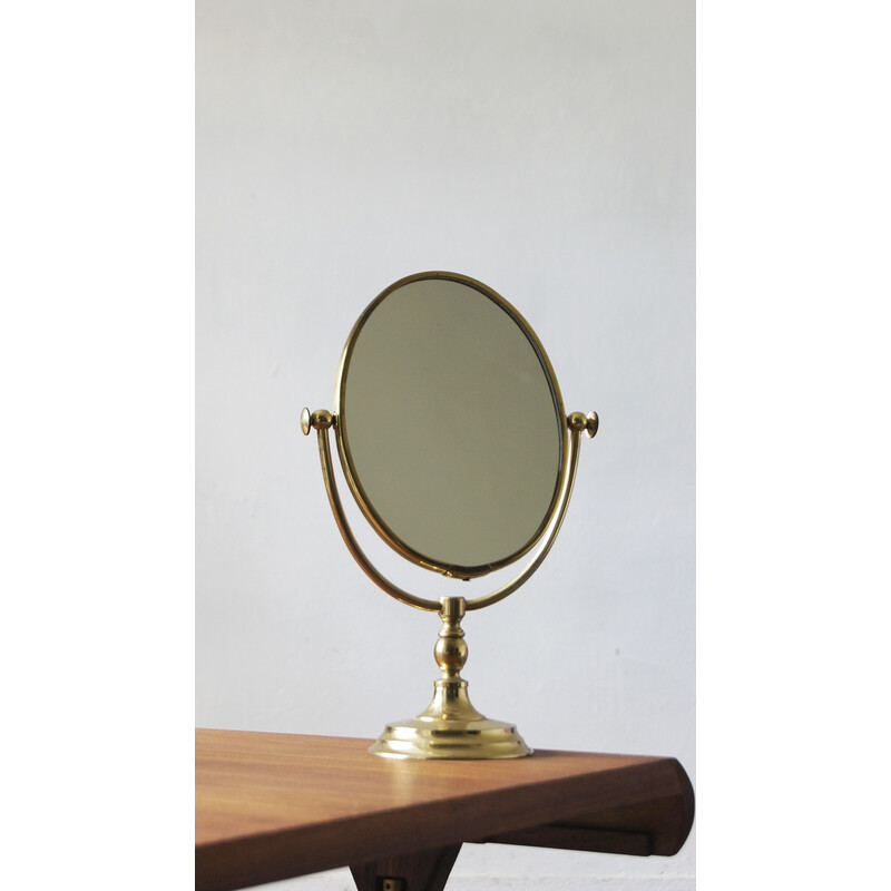 Specchio da tavolo bifacciale d'epoca in ottone, 1960