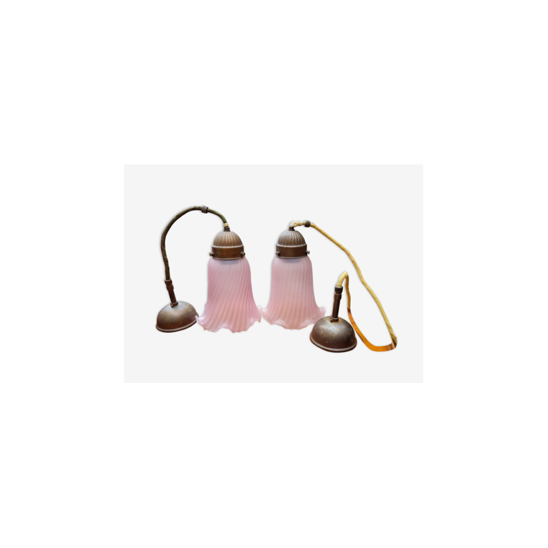 Pair of vintage pink glass and brass floral pendant lamp