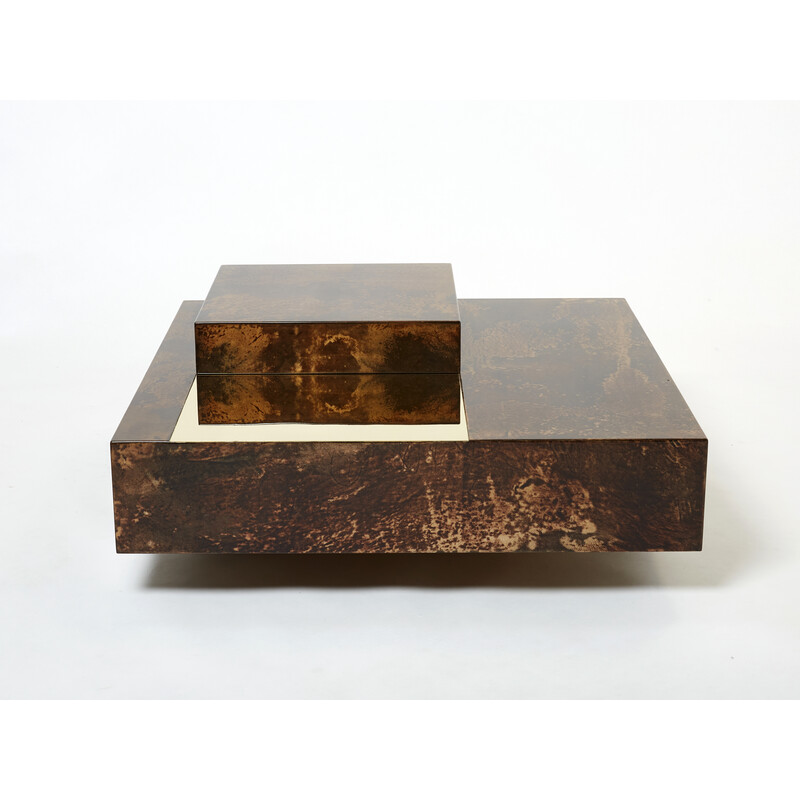 Vintage parchment and brass coffee table with bar by Aldo Tura, Italy 1960