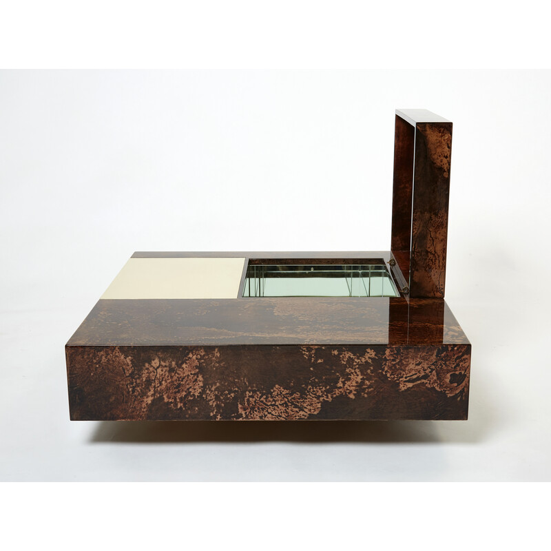 Vintage parchment and brass coffee table with bar by Aldo Tura, Italy 1960