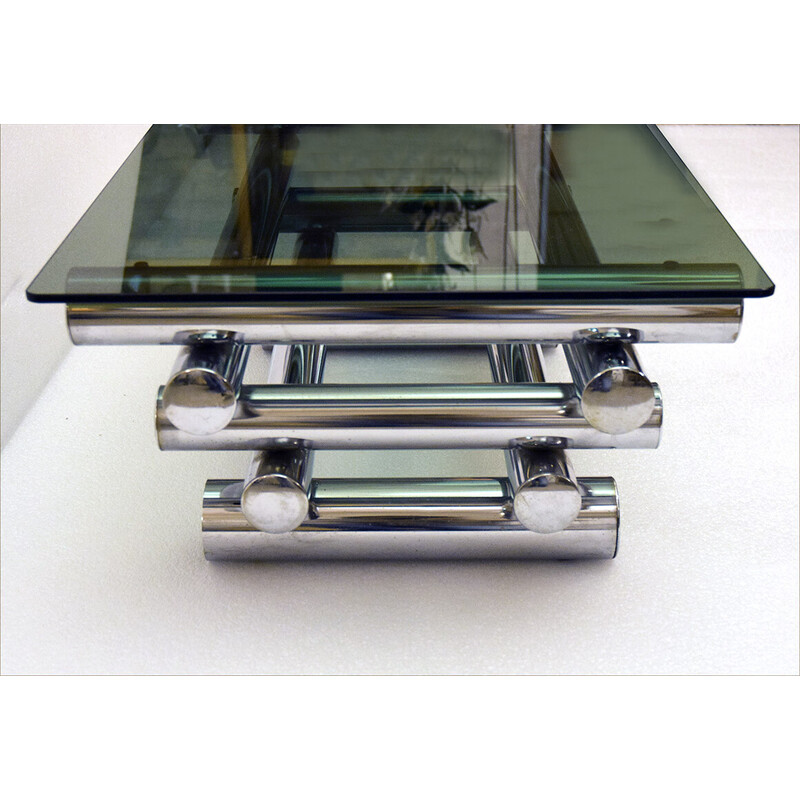Table basse vintage en métal chromé et cristal, 1970