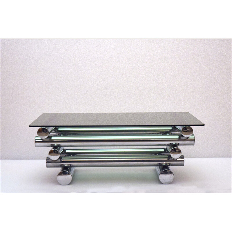 Vintage coffee table in chrome metal and crystal, 1970s