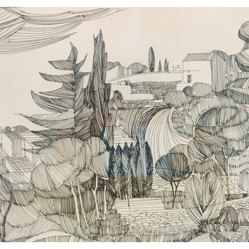 Vintage black ink drawing "provencal landscape"