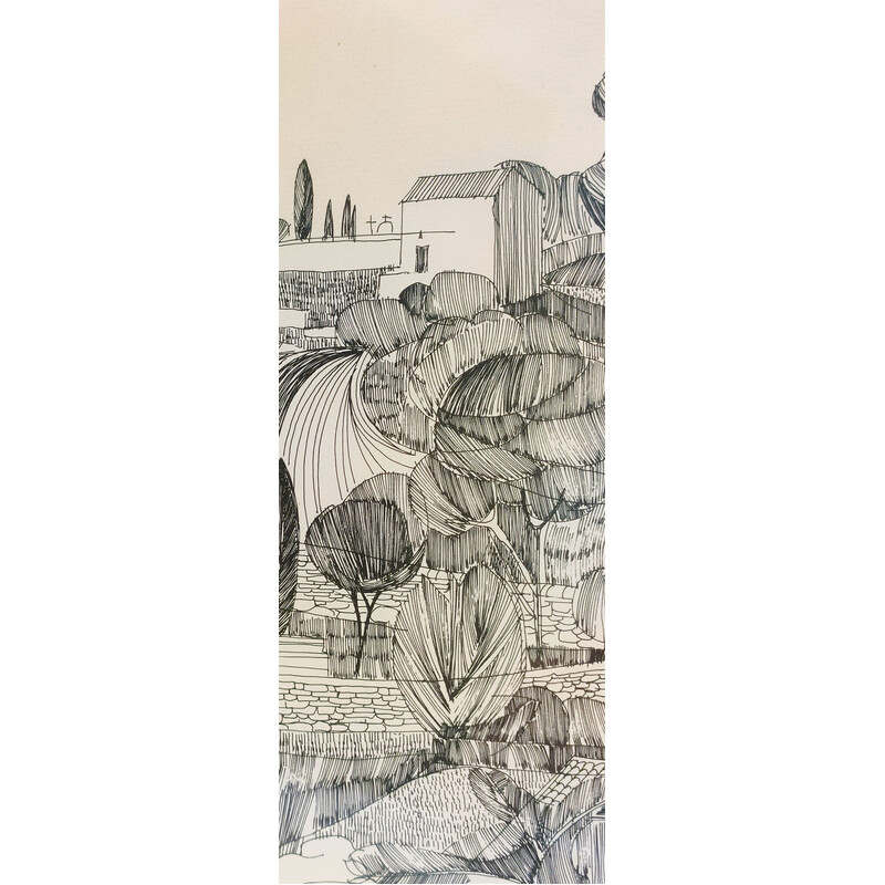 Desenho a tinta preta vintage "paisagem provençal".