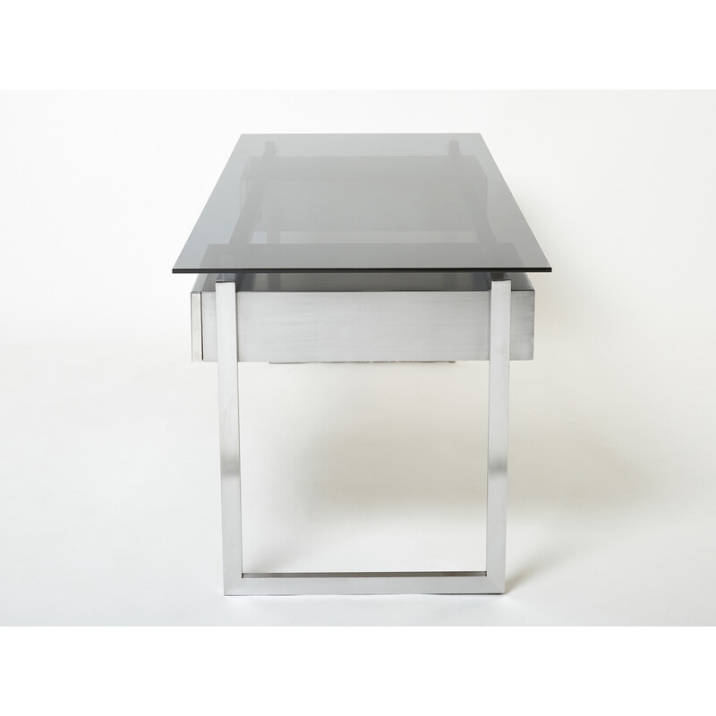 Vintage desk in brushed stainless steel and grey smoked glass by Patrice Maffei for Kappa, 1970