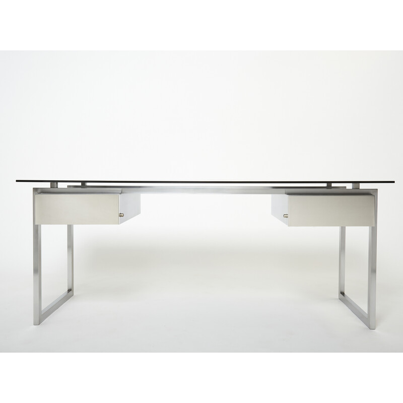 Vintage desk in brushed stainless steel and grey smoked glass by Patrice Maffei for Kappa, 1970